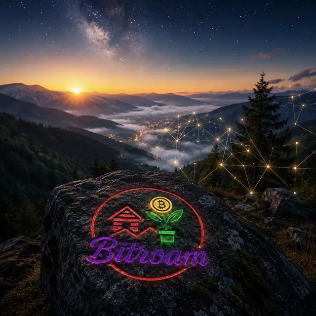 افق کوهستانی شبانه با شبکه نور و نشان BITROAM